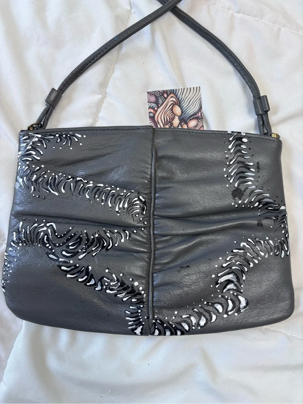 Hand-Painted Grey Leather Crossbody Bag